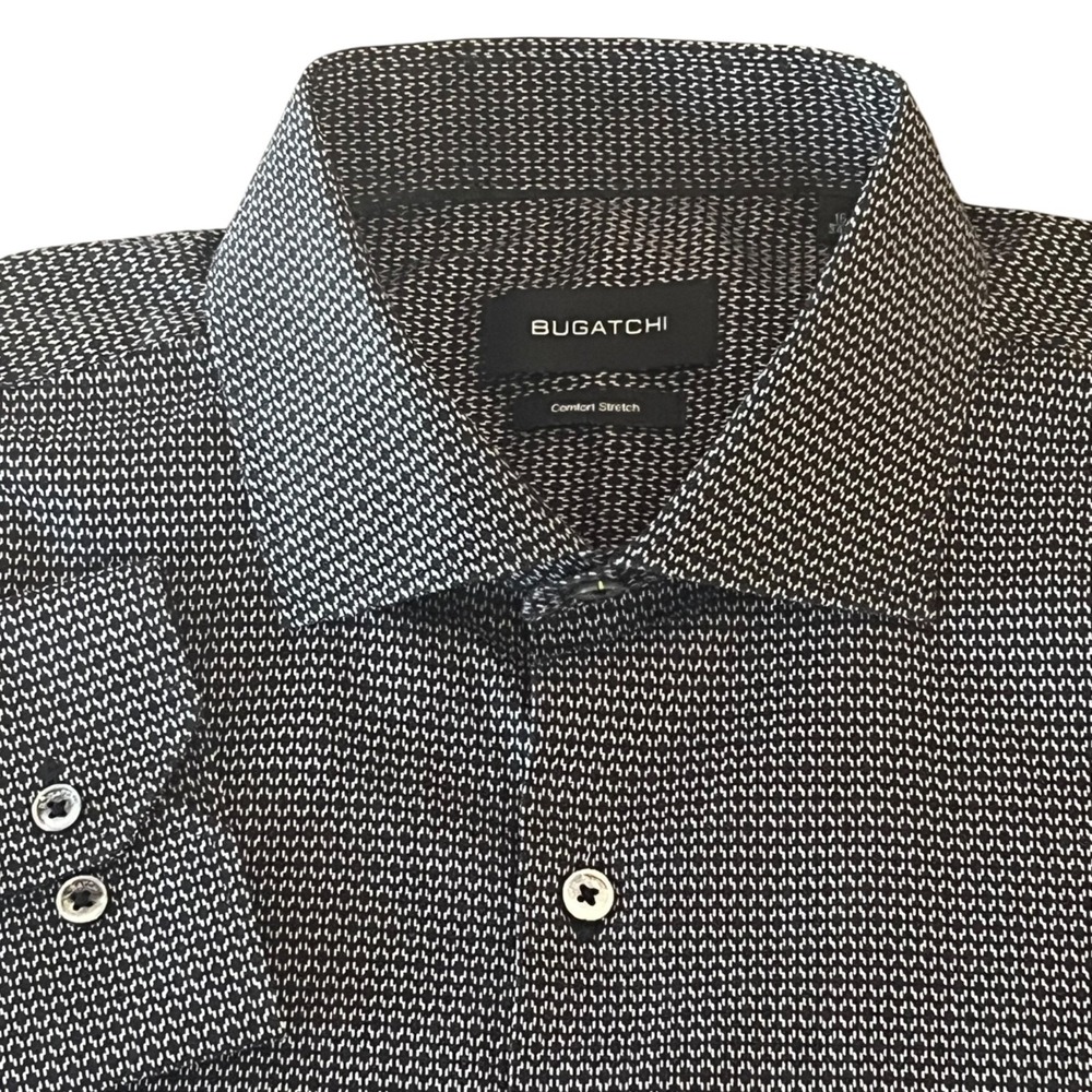 Bugatchi Shirt Mens 16.5 34/35 L/S‎ B/U Black White Geometric Comfort Stretch